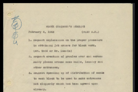 Minutes from the Heart Mountain Block Chairmen meeting, February 4, 1943 (ddr-csujad-55-413)