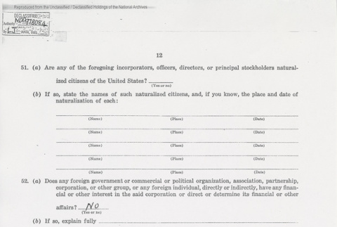 U.S. Department of Justice Alien Enemy Questionnaire page 12 of 26. (ddr-one-5-132)
