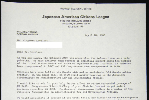 Letter to Clayburn Lovelace from William Yoshino (ddr-chijacl-1-496)