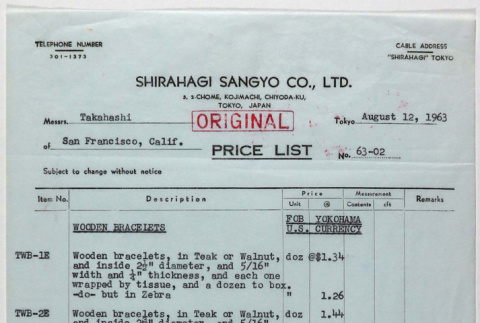 Price List from Shirahagi Sangyo to Takahashi Trading Company (ddr-densho-424-326)
