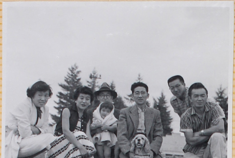 Group of six adults, a child and dog (ddr-densho-522-326)