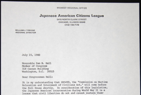 Letter to Sam Hall from William Yoshino (ddr-chijacl-1-302)