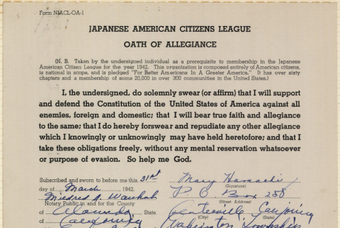 JACL Oath of Allegiance for Mary Hamachi (ddr-ajah-7-53)