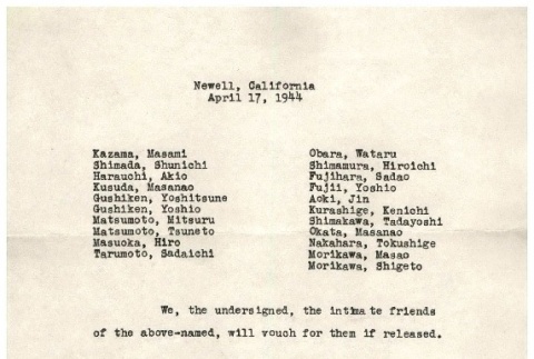 Letter from incarcerees requesting release of prisoners, April 17, 1944 (ddr-csujad-2-14)