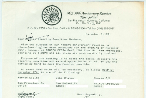 Letter from Tom Sakamoto to Loni Ding and MIS 50th Anniversary steering committee (ddr-densho-1007-1446)