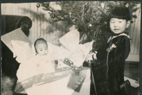 Boy and baby by Christmas tree (ddr-densho-523-87)