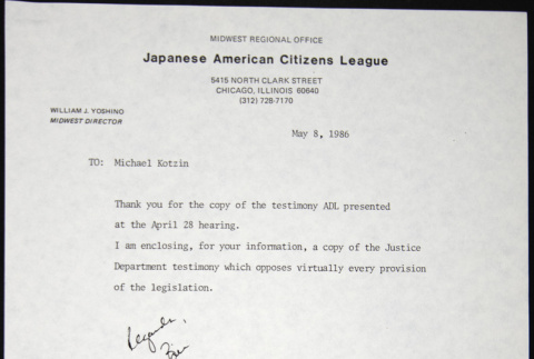 Memo to Michael Kitzin from Bill Yoshino (ddr-chijacl-1-668)