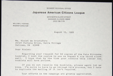 Letter to Violet de Cristoforo from Bill Yoshino (ddr-chijacl-1-675)
