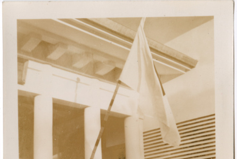 Tomoye (Nozawa) Takahashi standing in front of Japanese Pavilion at the Golden Gate International Exposition by Japanese flag (ddr-densho-426-2145)