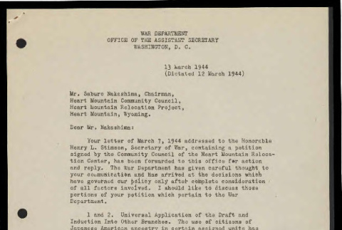 Letter from Harrison A. Gerhardt, Lt. Col., General Staff Corp, Office of the Assistant Secretary of War, to Mr. Saburo Nakashima, Chairman, Heart Mountain Community Council, March 13, 1944 (ddr-csujad-55-757)