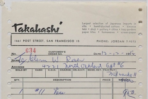 Receipt from Takahashi Trading Co. to Glenn Rosen (ddr-densho-424-686)