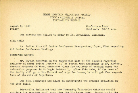 Heart Mountain Relocation Project Fourth Community Council, 55th session (August 3, 1945) (ddr-csujad-45-49)