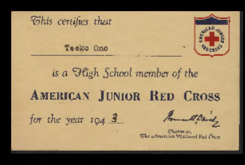 American Junior Red Cross membership card for Taeko Ono (ddr-csujad-55-146)