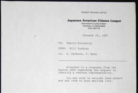 Memo to Cherry Kinoshita from Bill Yoshino (ddr-chijacl-1-663)