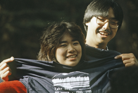 Tricia Ishimura and Craig So with a Lake Sequoia Retreat shirt (ddr-densho-336-1716)