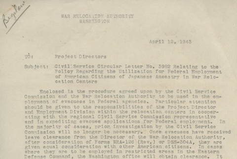 Memorandum: Civil Service Circular Letter No. 3982 Relating to the Policy Regarding the Utilization for Federal Employment of American Citizens of Japanese Ancestry in War Relocation Centers (ddr-densho-156-120)