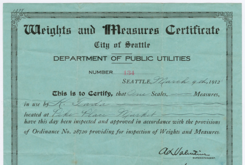 Weights and Measures Certificate for K. Tada (ddr-densho-540-11)