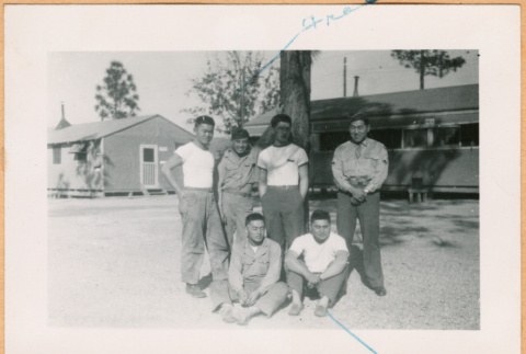 Six men outside barracks (ddr-densho-493-57)