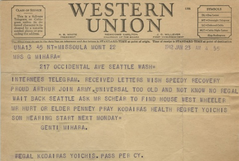 Telegram from Issei man to wife (January 23, 1942) (ddr-densho-140-49)