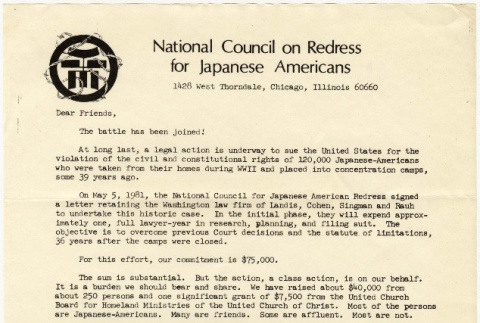 National Council for Japanese American Redress Fundraising letter (ddr-densho-352-97)