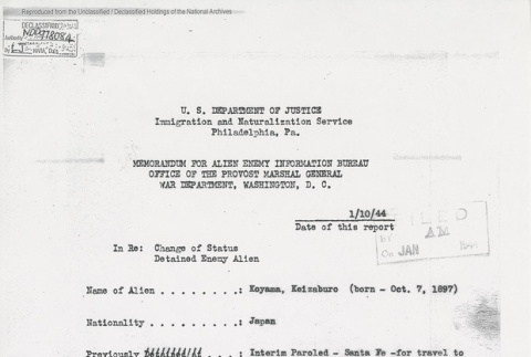 Memorandum for Alien Enemy Information Bureau Office of the Provost Marshal General War Department, Washington D.C. (ddr-one-5-249)
