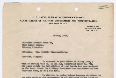 Letter from Lt. George Kerr to Selective Service Board 88 (ddr-densho-446-138)