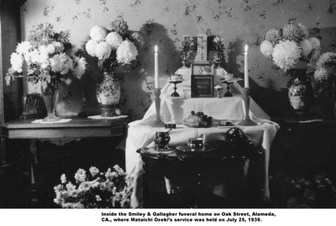 Altar at funeral home where Mataichi Ozeki's service was held (ddr-ajah-6-838)