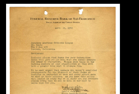 Letter from Harold Johnson to Tsuneo Iwata, April 16, 1942 (ddr-csujad-46-16)