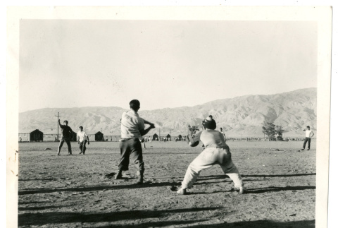 Photograph of boys playing baseball at Manzanar (ddr-csujad-47-43)