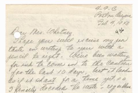 [ Letter to Mrs. Whitney from Fumiko Fukuda | February 4, 1943 ] (ddr-janm-22-113)