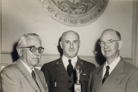 Wade Warren Thayer, Boy Scouts leader and Oren E. Long posing with trophy (ddr-njpa-2-1145)