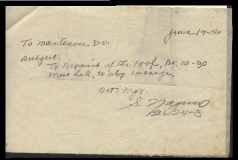 Note from S. Nagumo, Act. Manager, to maintenance Division, Heart Mountain, June 19, 1944 (ddr-csujad-55-950)