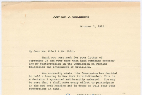 Letter to Sasha Hohri and Michi Kobi from Arthur J. Goldberg (ddr-densho-352-523)