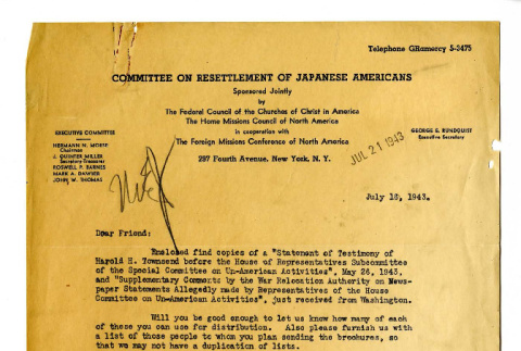 Letter from George Rundquist to Friend, July 16, 1943 (ddr-csujad-18-16)
