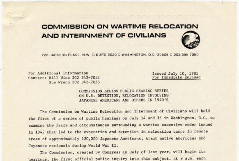 Commission on Wartime Relocation and Internment of Civilians Press Release (ddr-densho-352-14)