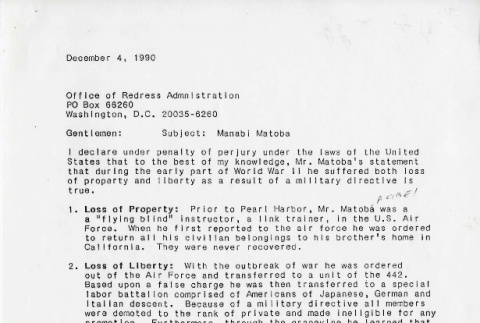 Letter from Cedrick M. Shimo to the Office of Redress Admnistration [Administration], December 4, 1990 (ddr-csujad-24-73)
