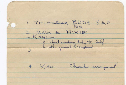 Notes for telegram re: Funeral arrangements (ddr-densho-329-612)