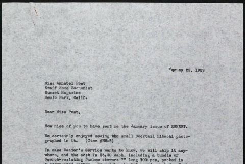 Letter from Tami (Tomoye) Takahashi to Annabel Post, Sunset Magazine (ddr-densho-424-325)