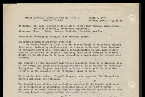 Minutes from the Heart Mountain Community Council meeting, March 3, 1944 (ddr-csujad-55-532)