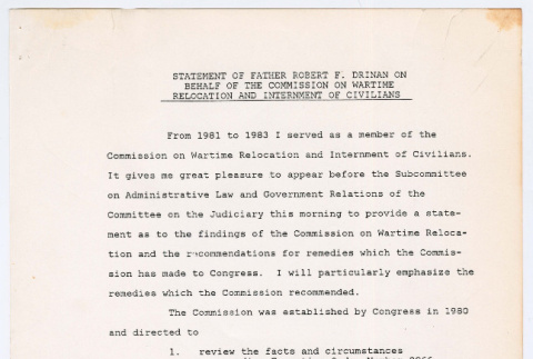 Statement of Father Robert F. Drinan on Behalf of the Commission on Wartime Relocation and Internment of Civilians (ddr-densho-1007-1815)