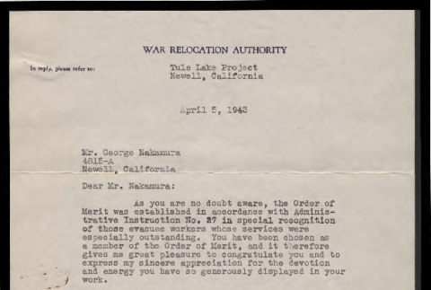 Letter from Harvey M. Coverley, Project Director, to George Hideo Nakamura, April 5, 1943 (ddr-csujad-55-2418)