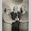Wade Warren Thayer, Boy Scouts leader and Oren E. Long posing with trophy (ddr-njpa-2-1145)