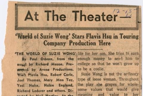 Clipping with review of The World of Suzie Wong at the Shubert Theatre (ddr-densho-367-276)