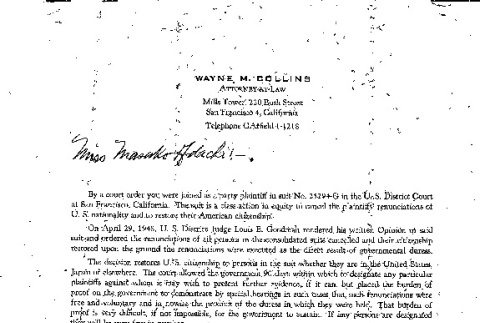 Letter from Wayne M. Collins, Attorney-at-Law, to Masako Adachi (ddr-csujad-55-2258)