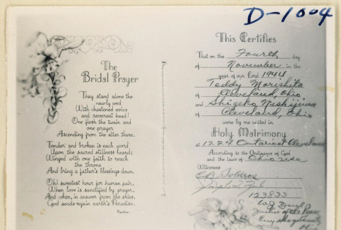 Marriage certificate for Teddy Morishita and Shigeko Nishijiwa (ddr-densho-37-2003)