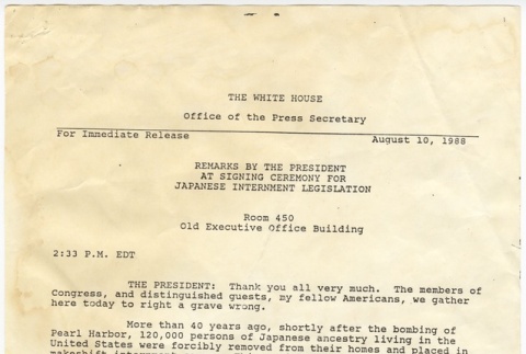 Remarks by the President at the Signing Ceremony for Japanese Internment Legislation (August 10, 1988) (ddr-janm-4-41)
