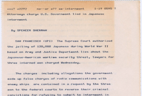 UPI Wire copy on Yasui, Hirabayashi and Korematsu lawsuits (ddr-densho-122-318)