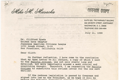 Letter to Clifford Uyeda from Mike Masaoka (ddr-densho-122-569)