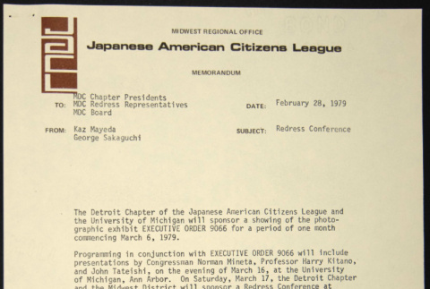 Memo to MDC Chapter Presidents, Redress Representatives and MDC Board from Kaz Mayeda and George Sakaguchi (ddr-chijacl-1-234)