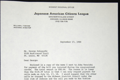 Letter to George Sakaguchi from Bill Yoshino (ddr-chijacl-1-433)